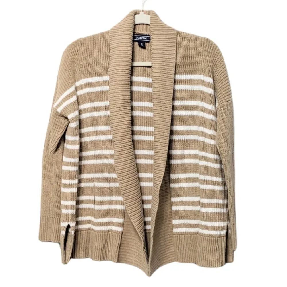 LAND'S END Cotton Striped Open Front Cardigan Neutral